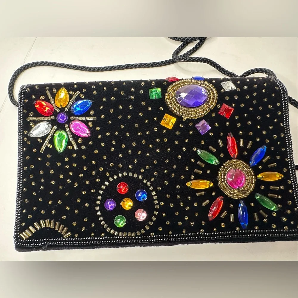 Vintage Caroline Barton Beaded Evening Clutch Black Velvet Rhinestone Bag
